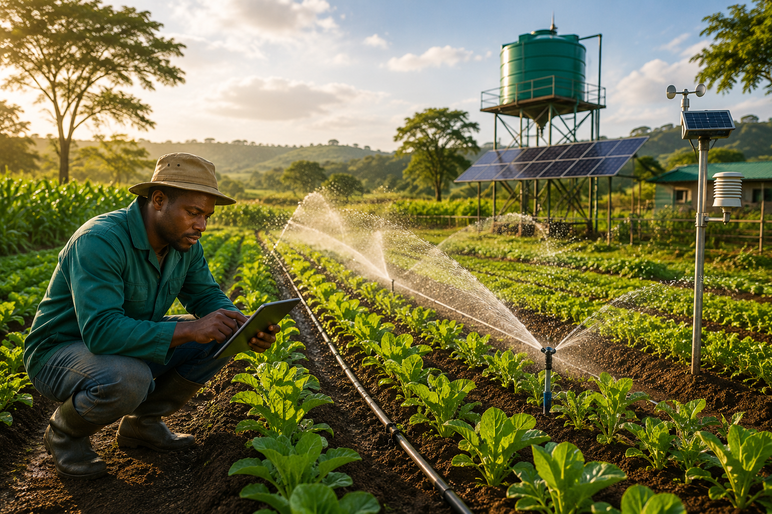 African farmer working with irrigation and agricultural water systems
