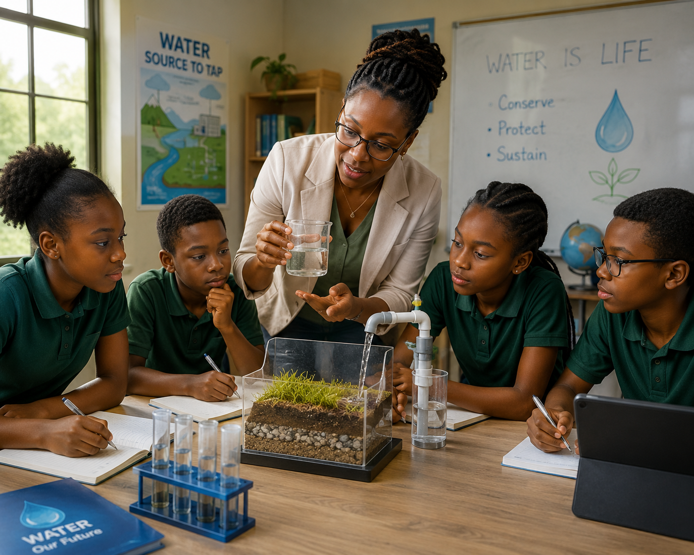 African teacher delivering practical water education